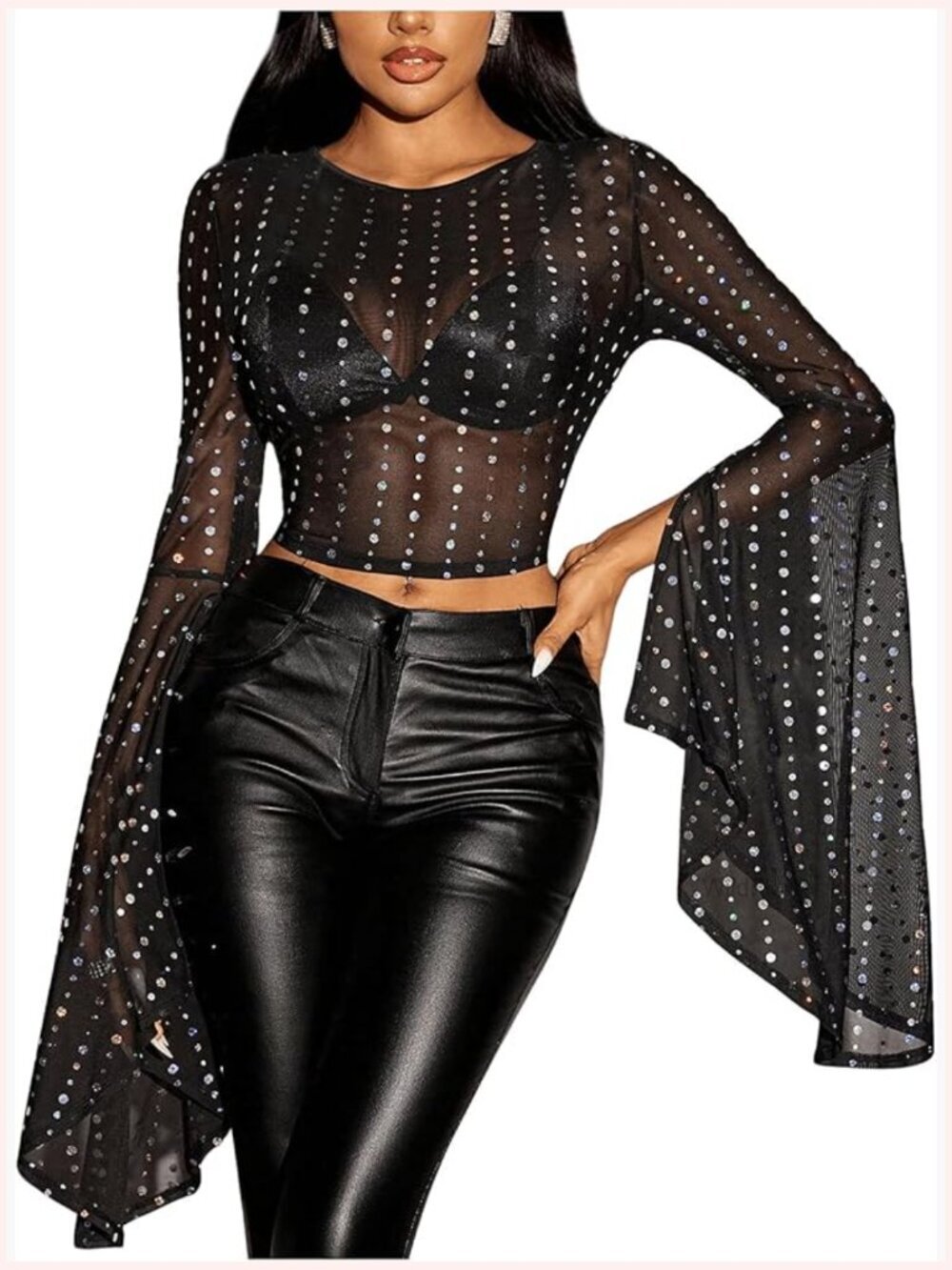 Sequin Mesh Crop Top w/ Slit Flare Sleeves for Party Club